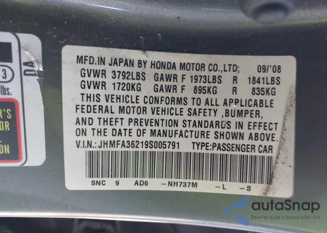 2009 Honda Civic Hybrid from USA, damaged, VIN JHMFA36219S005791